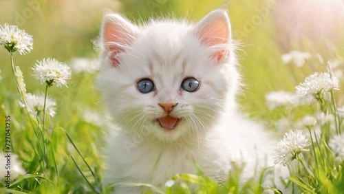 Beautiful cat in the meadow  sweet nature and a spectacularly cute background.