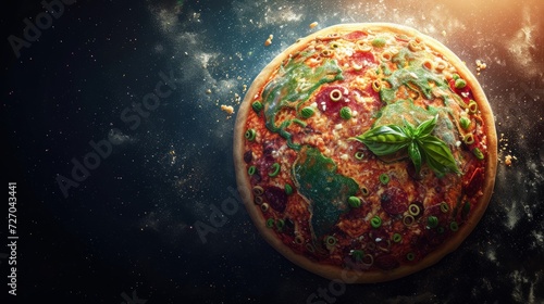 Planet earth made in form of pizza. View from space to earth. Pizza universe 