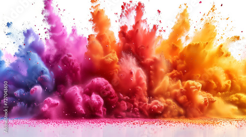 Abstract template on dust powder  explosion Holi backdrop. Indian traditional Holiday, colorful powder explosion, paint splash, generative AI photo