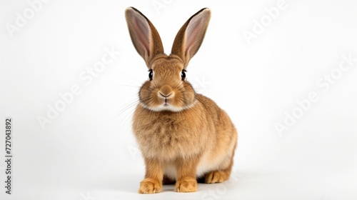 studio portrait of fawn colored flemish giant rabbit sitting against a white white background