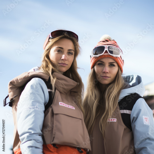 Portrait of two happy women friends smiling in a winter holiday on a background of snow. Concept of ski, snowboard, cold, snowy, winter day. 