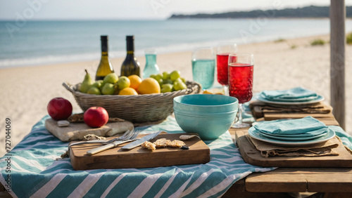 Perfect beach picnic table setting, including the type of table, the color scheme, and the essential items for a delightful seaside meal