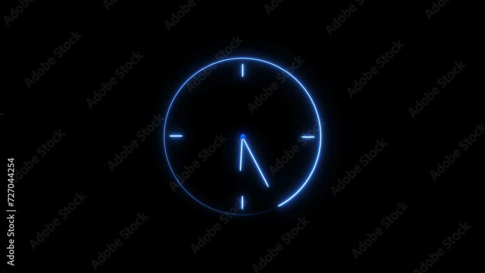 Clock icon neon light 24 Hour Day Fast Speed. Royal blue circle digital and analog clock neon looped black background 4k illustration.	