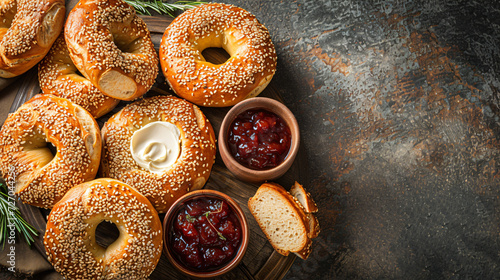 Freshly baked bagels with a creamy and luscious cheese cream spread, topped with dollops of flavorful jam. A mouthwatering combination of savory and sweet, these homemade delights are perfec