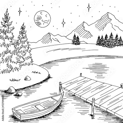 Lake boat graphic black white night mountain landscape sketch illustration vector 