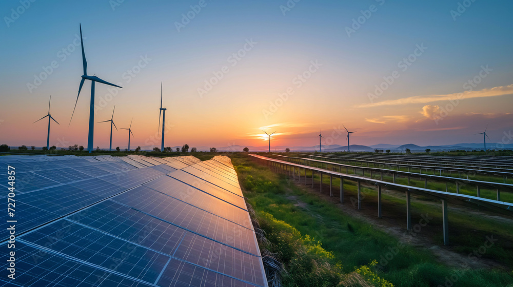 Solar cell in solar farm with wind mill, Alternative energy and sustainable energy, photovoltaic, Pure energy renewable, clean energy, solar energy, reduce global warming, Generative AI