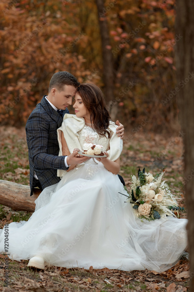bride and groom on the nature in autumn . wedding couple with cake outdoor bride and groom on the nature in autumn . wedding couple with cake outdoor