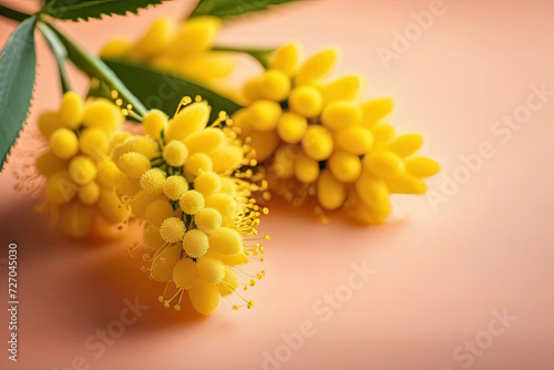 A branch of a Mimosa pudica plant with large yellow flowers on a trendy peach shade background. 2/3 free space in the right corner.