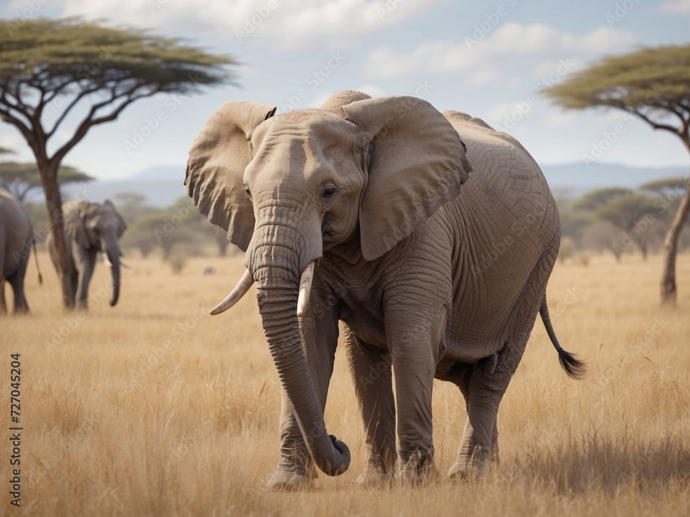 Fototapeta premium An awe-inspiring sight unfolds as an African elephant gracefully roams the sunlit savannah, surrounded by the golden hues of the grasslands.