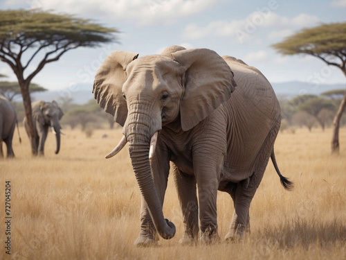 An awe-inspiring sight unfolds as an African elephant gracefully roams the sunlit savannah, surrounded by the golden hues of the grasslands.