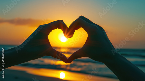 Woman hand do heart shape on sunset sky and bokeh background  Hands in shape of love heart  generative ai