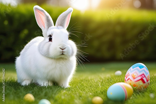 A cute white Easter bunny with brown eyes is sitting on a green lawn in the sunlight, Easter eggs are lying next to him. The concept for Easter holidays, place for the text in right corner. © Павел Чепелев