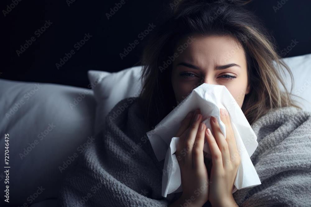 Beautiful woman with flu sneezes into a paper napkin Beautiful woman with flu sneezes into a paper napkin
