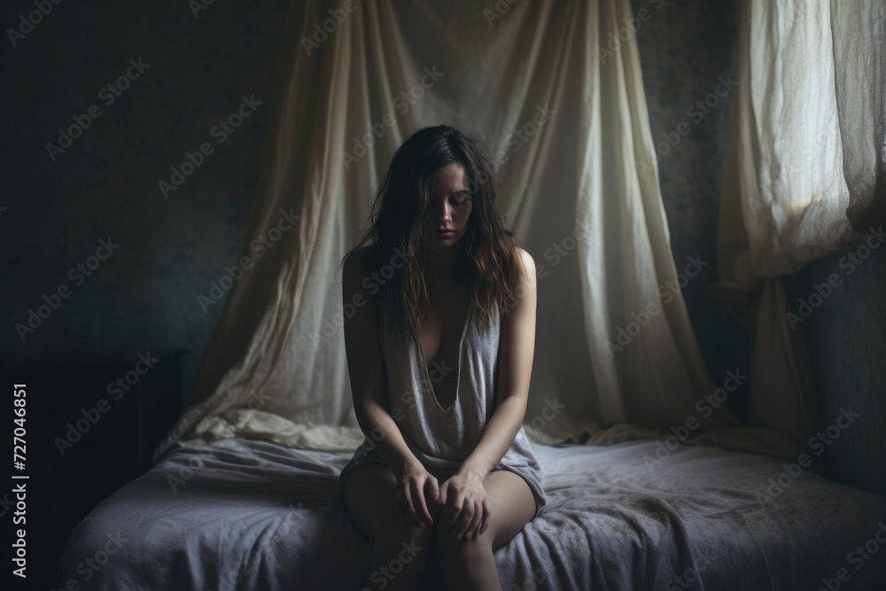 Young woman seating on the bed feeling sad, worried, suffering depression in mental health Young woman seating on the bed feeling sad, worried, suffering depression in mental health