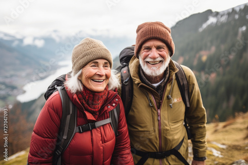 Senior couple hiking in the mountains