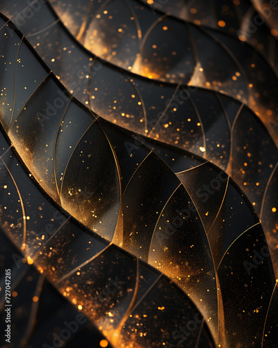 Golden Luminous Abstract Waves On Black Background