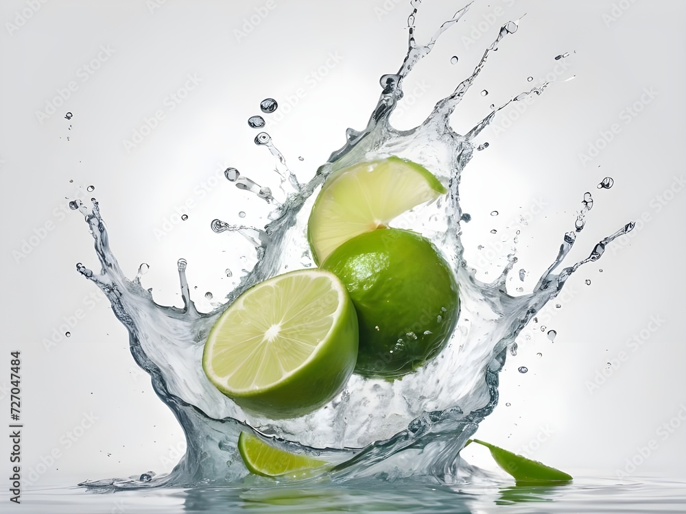 Photo fresh green lemon with water splash and leaves on white background. Photo fresh green lemon with water splash and leaves on white background.