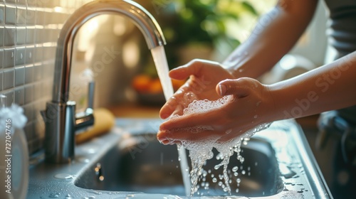 Woman washing hands under water tap, Liquid antibacterial soap and foam, Close up of female hand, Self care and hygiene, Infection prevention, generative ai photo