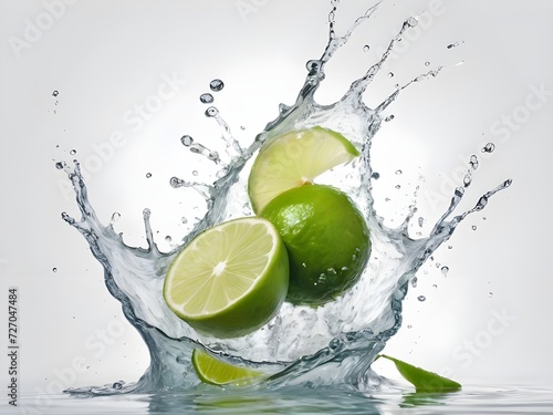 Photo fresh green lemon with water splash and leaves on white background.