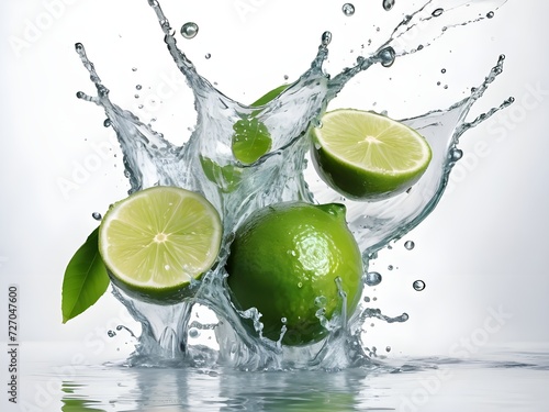 Photo fresh green lemon with water splash and leaves on white background.