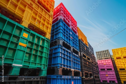 Pile of plastic shipping pallet. Industrial plastic pallet stacked at factory warehouse. Plastic pallet rack for export delivery industry. Plastic pallet storage warehouse. Generative AI. photo