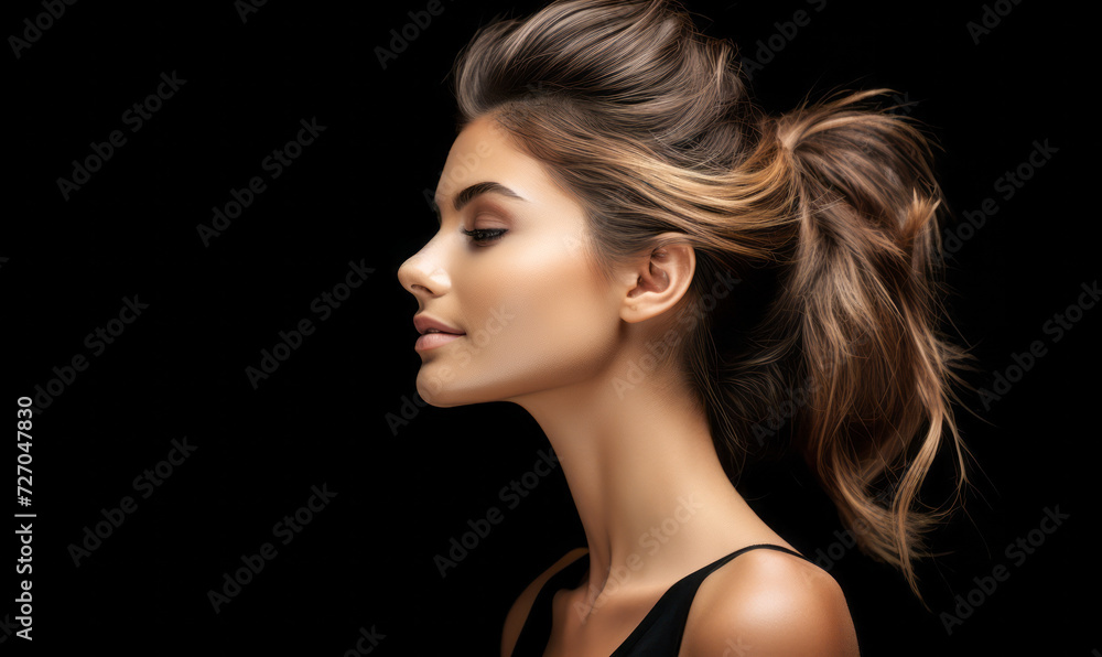 Profile View of a Young Woman with a Bun Hairstyle on a Black Background, Elegant Makeup, Graceful Feminine Portrait, Subtle Beauty Concept Profile View of a Young Woman with a Bun Hairstyle on a Black Background, Elegant Makeup, Graceful Feminine Portrait, Subtle Beauty Concept