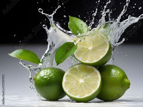 Photo fresh green lemon with water splash and leaves on white background.