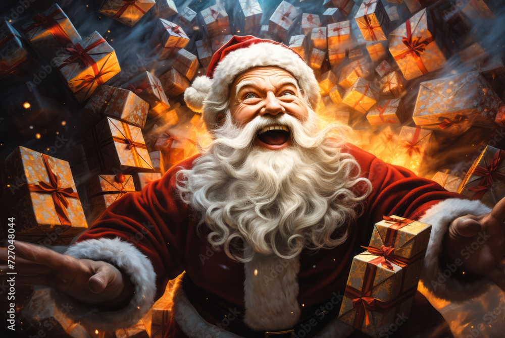 Jolly Santa Claus Overflowing with Joy Amidst a Sea of Colorful Wrapped Christmas Gifts, Bringing the Festive Spirit of Giving. - obrazy, fototapety, plakaty 