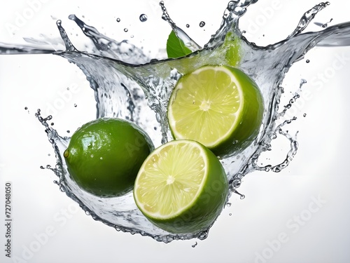 Photo fresh green lemon with water splash and leaves on white background.