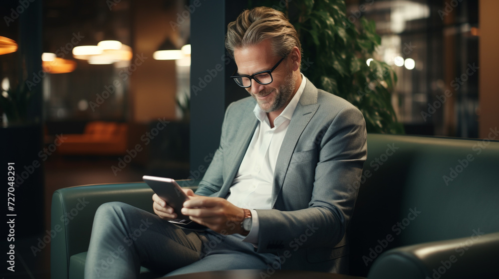 Happy businessman using smartphone in the office Happy businessman using smartphone in the office
