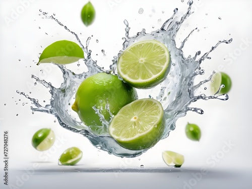 Photo fresh green lemon with water splash and leaves on white background.