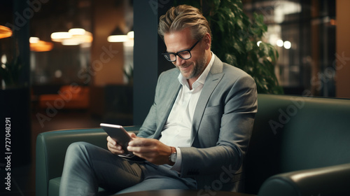 Happy businessman using smartphone in the office