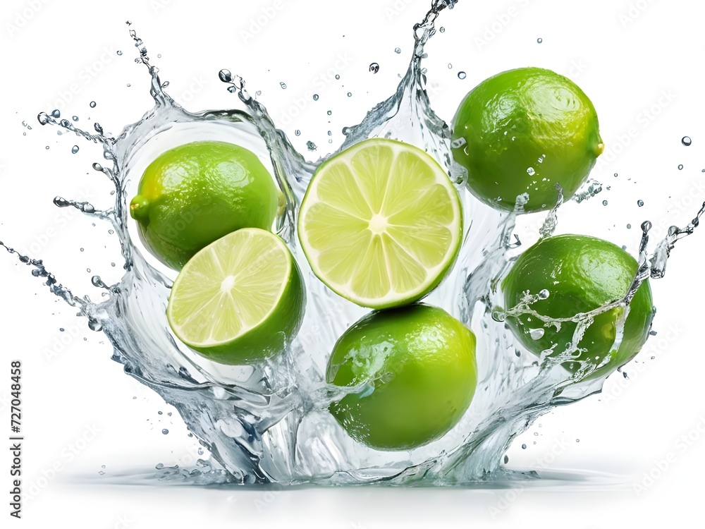 Photo fresh green lemon with water splash and leaves on white background. Photo fresh green lemon with water splash and leaves on white background.