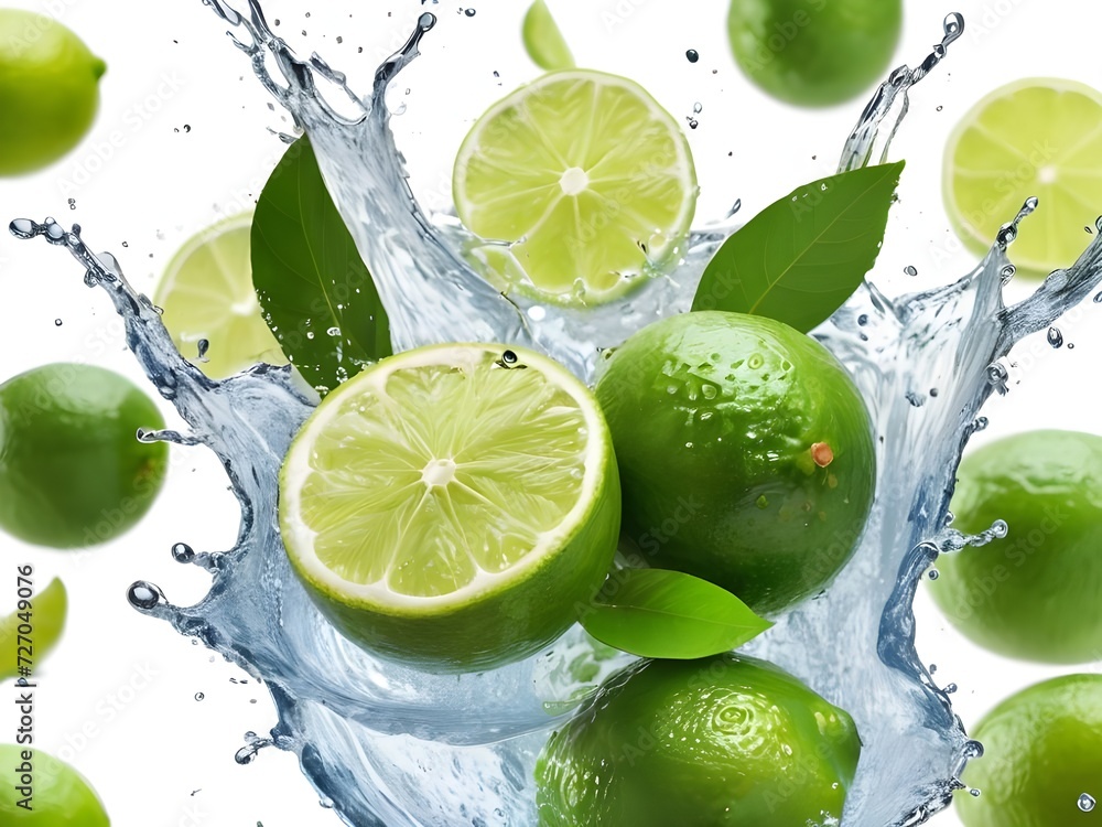 Photo fresh green lemon with water splash and leaves on white background. Photo fresh green lemon with water splash and leaves on white background.