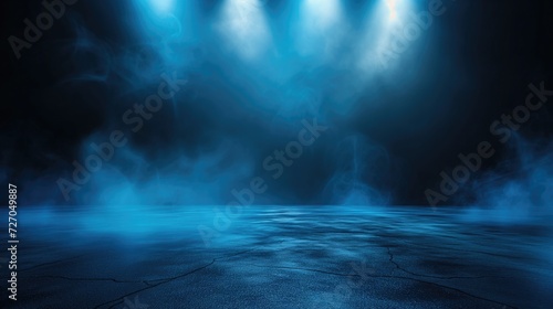 A dark empty street  dark blue background  an empty dark scene  neon light  spotlights The asphalt floor and studio room with smoke float up the interior texture. night view  generative ai