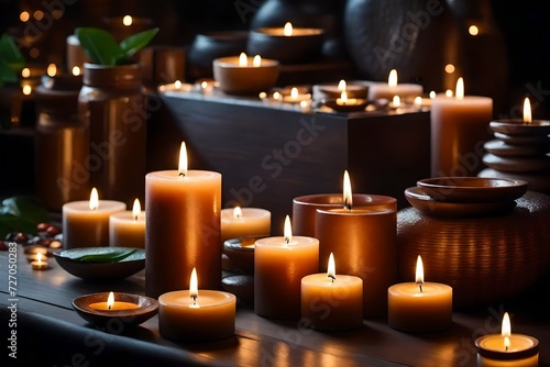  A serene Spa setting with an array of aromatic candles emitting a calming glow. 