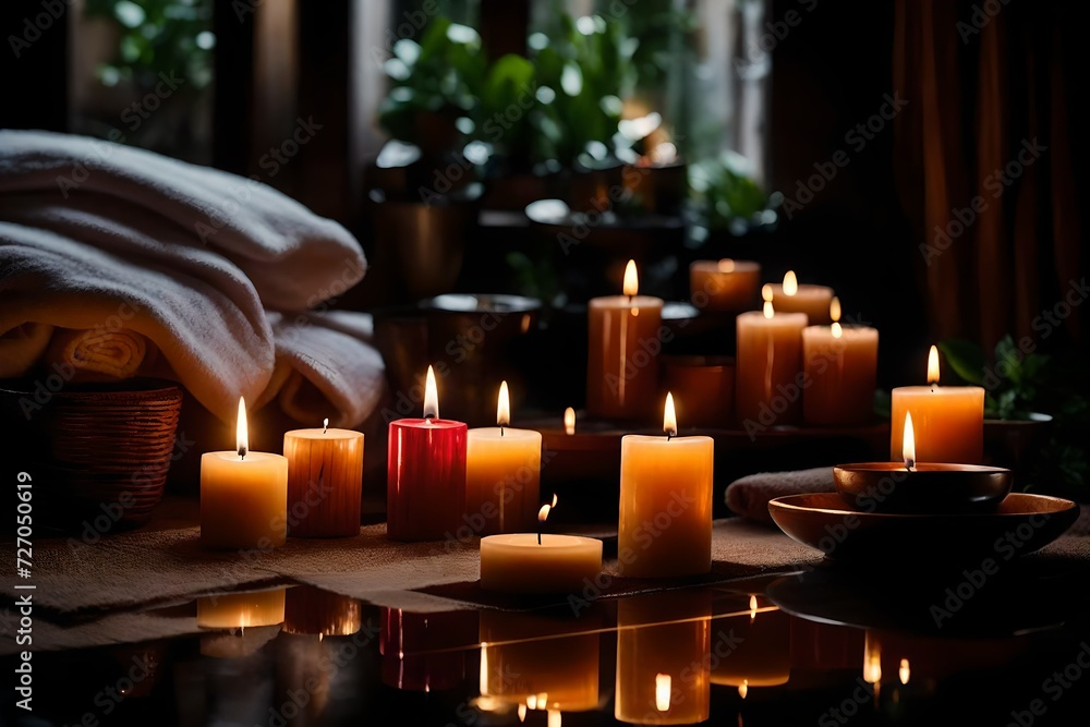  A serene Spa setting with an array of aromatic candles emitting a calming glow. 