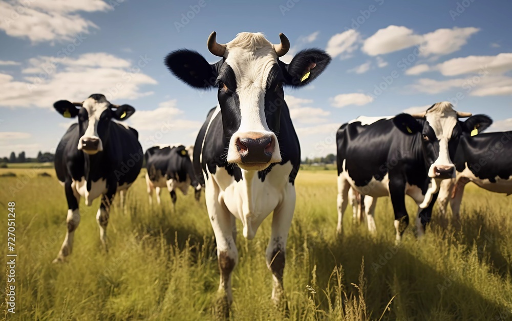 realistic photo Black and white cows in the pasture on a sunny day. generative ai realistic photo Black and white cows in the pasture on a sunny day. generative ai
