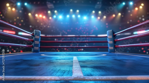 Boxing ring with illumination by spotlights, Boxing arena, generative ai