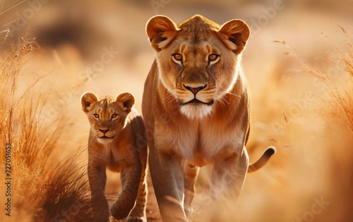 realistic photo of Lioness and her cub in National Park. generative ai © KBL Sungkid