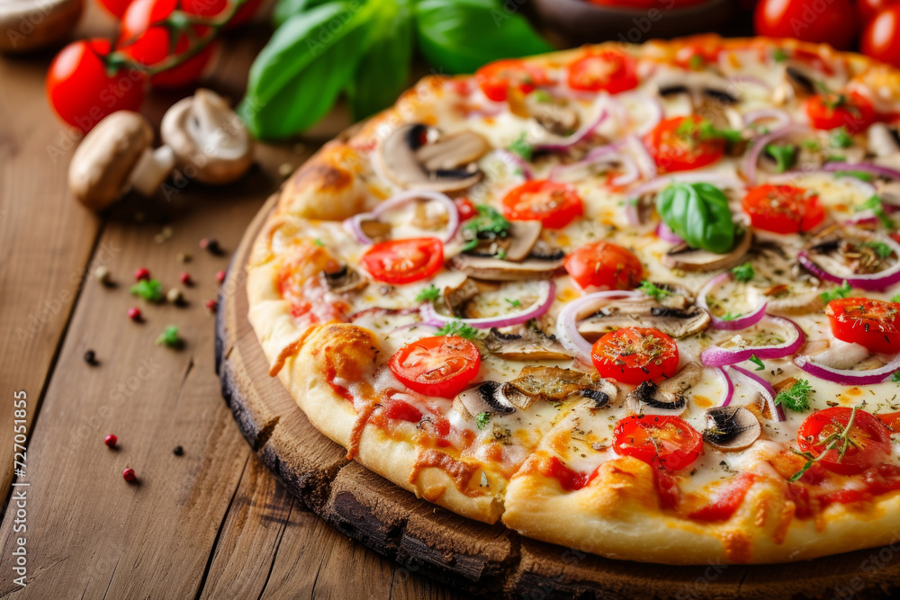 Overhead view of a bacon pizza served on a pizza board. Traditional italian pizza on dark table. Supreme Pizza with pepperoni, mushrooms and mozzarella cheese just from oven, copy space. Fresh Overhead view of a bacon pizza served on a pizza board. Traditional italian pizza on dark table. Supreme Pizza with pepperoni, mushrooms and mozzarella cheese just from oven, copy space. Fresh