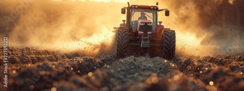 Modern Tractor Tilling Soil with Dynamic Dust Clouds in Field
 photo