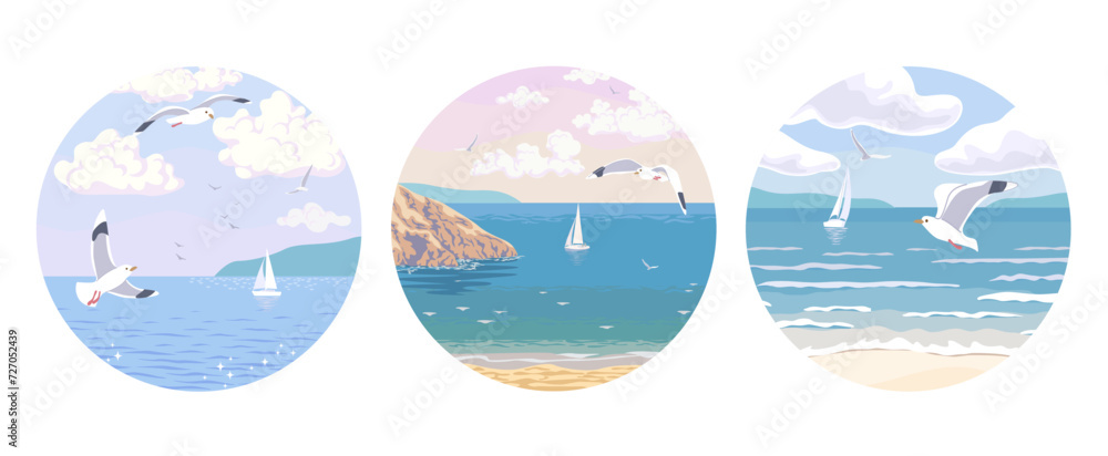 Set of Round Labels with Sea Scapes.