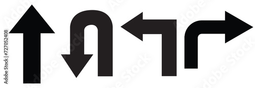 Go Straight This Way One Way Only U Turn Left and Right Black Arrow Sign Direction Icon Set. Vector Image.