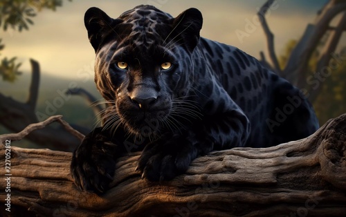 realistic photo of a panther leaning on a log with a savanna background. generative ai