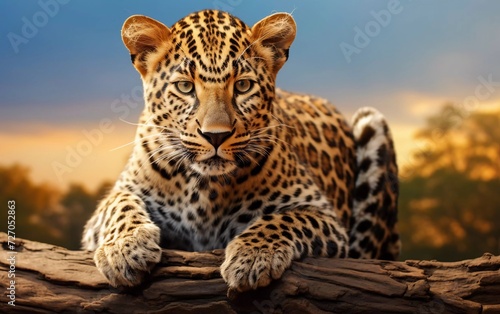 realistic photo of a leopard leaning on a log with a savanna background. generative ai © KBL Sungkid