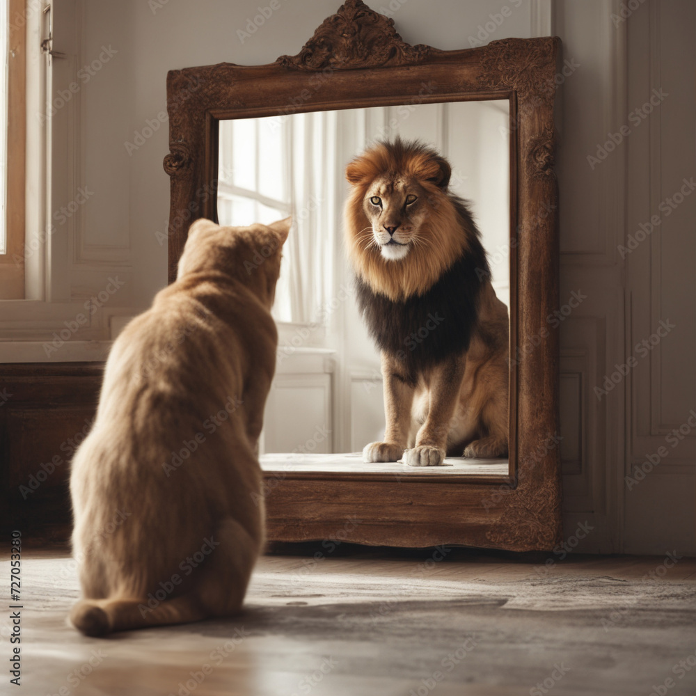 Naklejka premium Kot widzi w lustrze lwa