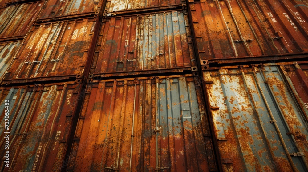Vibrant and weathered containers piled up, offering a unique mix of colors and rust.