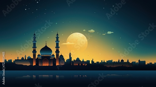 illustration of fantastic religious eid background with mosque and moon, generative ai