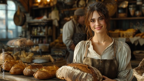 Smiling Baker Holding Fresh Loaf of Bread in Artisan Bakery 